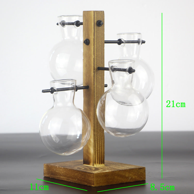 Wooden Frame Glass Propagation Vase – 4 Globe Tabletop Planter