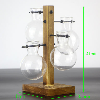 Wooden Frame Glass Propagation Vase – 4 Globe Tabletop Planter