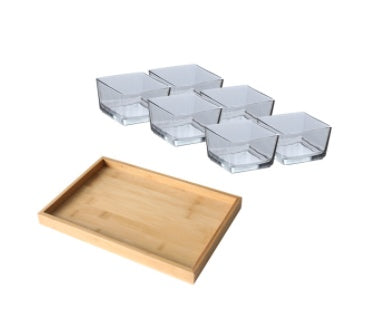Bamboo Divided Serving Tray with Glass Bowls – Modular Snack & Appetizer Organizer