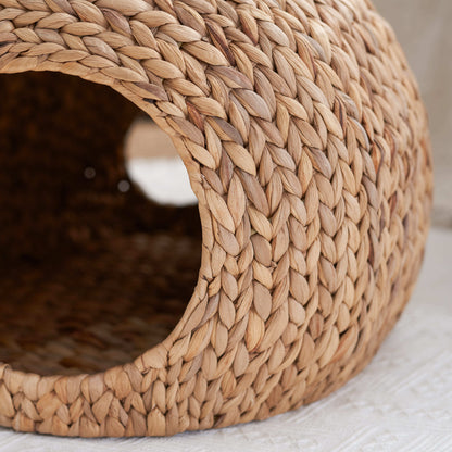 Water Hyacinth Woven Wicker Round Cat Bed Cave With Handles