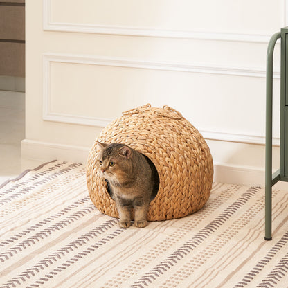 Water Hyacinth Woven Wicker Round Cat Bed Cave With Handles