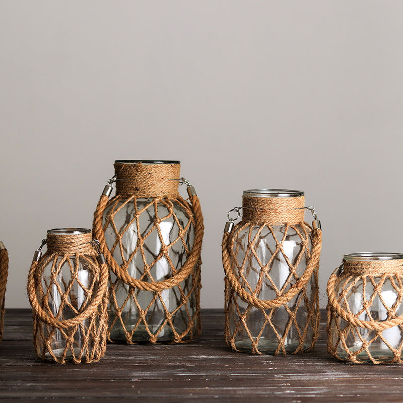 Handwoven Hemp Rope Glass Vase – Artisan Boho Decorative Flower Vase