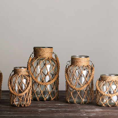 Handwoven Hemp Rope Glass Vase – Artisan Boho Decorative Flower Vase