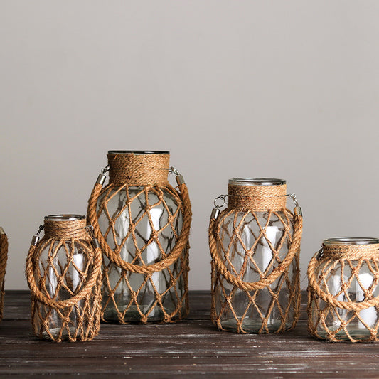 Handwoven Hemp Rope Glass Vase – Artisan Boho Decorative Flower Vase