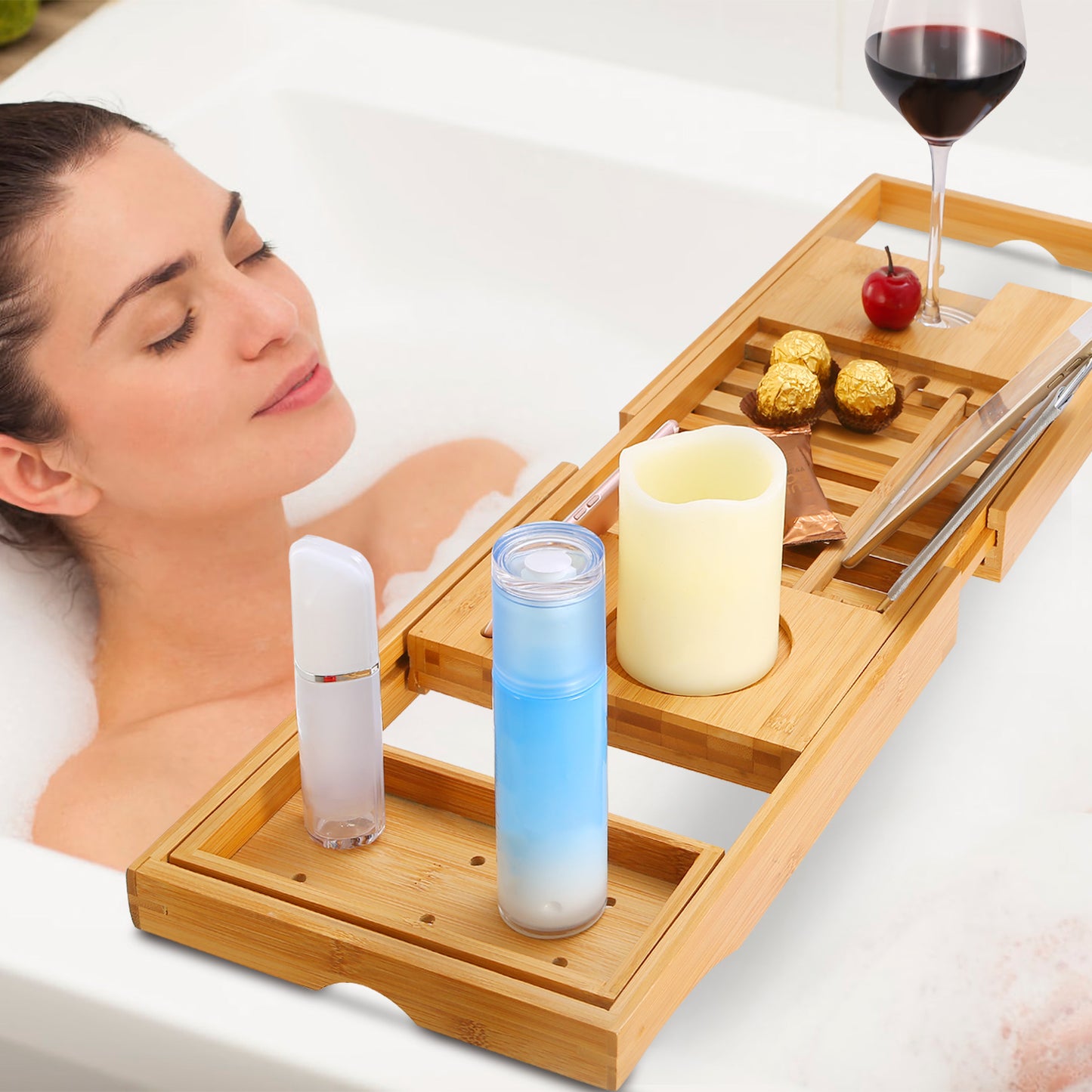 Spa Retreat Adjustable Bamboo Bathtub Caddy Tray