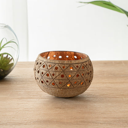 Coco Casa Tan Handmade Coconut Shell Candle Holder - Geometric Pattern - 4" x 4" x 3 1/4" - 10 count box
