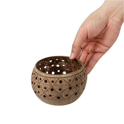 Coco Casa Tan Handmade Coconut Shell Candle Holder - Geometric Pattern - 4" x 4" x 3 1/4" - 10 count box