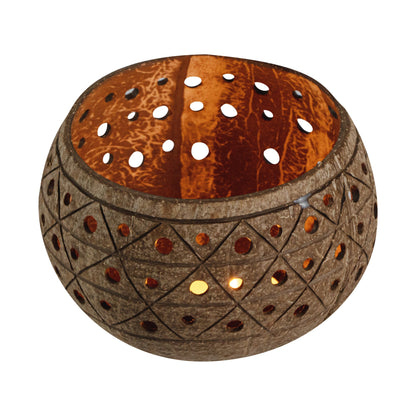Coco Casa Tan Handmade Coconut Shell Candle Holder - Geometric Pattern - 4" x 4" x 3 1/4" - 10 count box