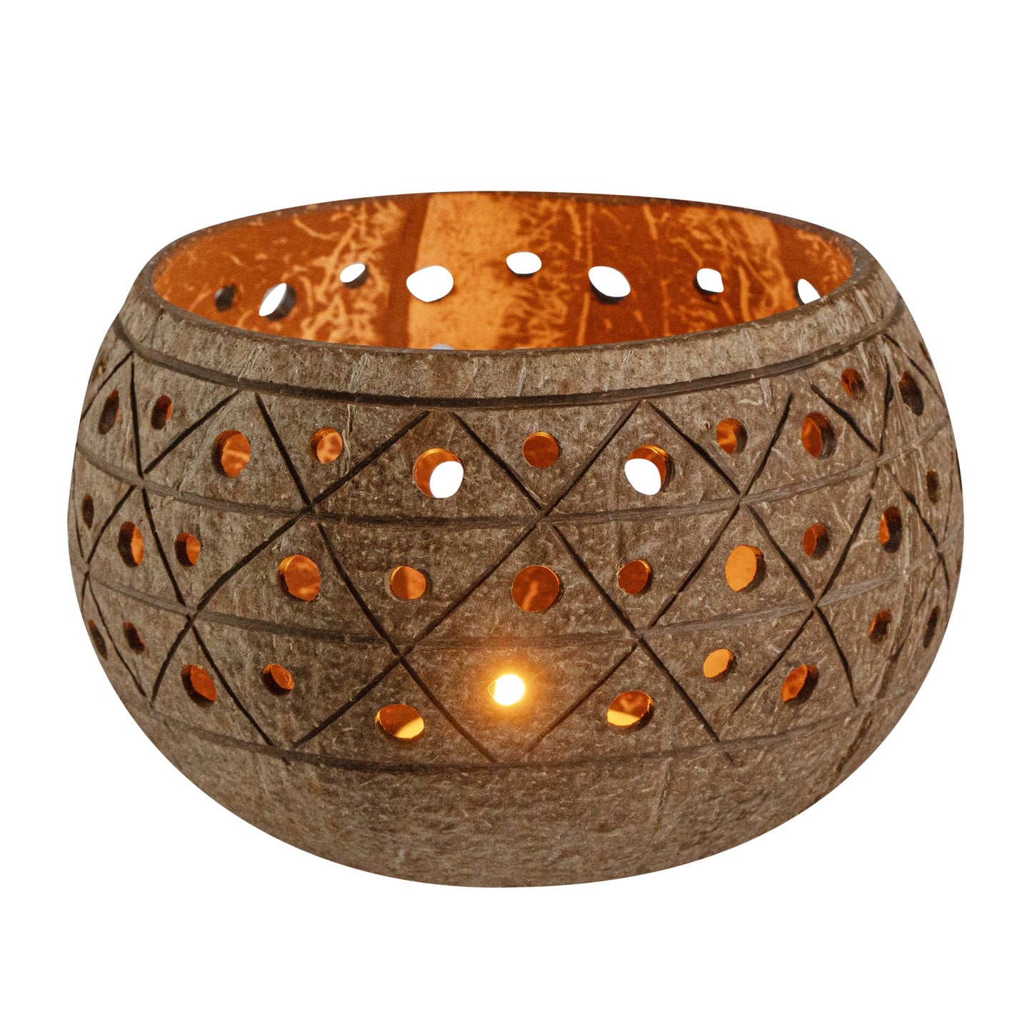 Coco Casa Tan Handmade Coconut Shell Candle Holder - Geometric Pattern - 4" x 4" x 3 1/4" - 10 count box