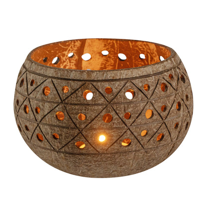 Coco Casa Tan Handmade Coconut Shell Candle Holder - Geometric Pattern - 4" x 4" x 3 1/4" - 10 count box