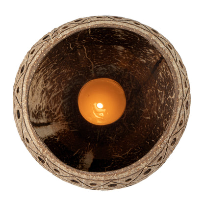 Coco Casa Tan Handmade Coconut Shell Candle Holder - Geometric Pattern - 4" x 4" x 3 1/4" - 10 count box