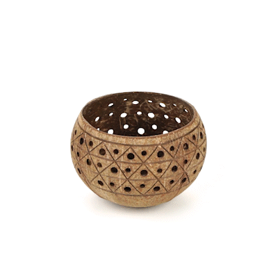 Coco Casa Tan Handmade Coconut Shell Candle Holder - Geometric Pattern - 4" x 4" x 3 1/4" - 10 count box