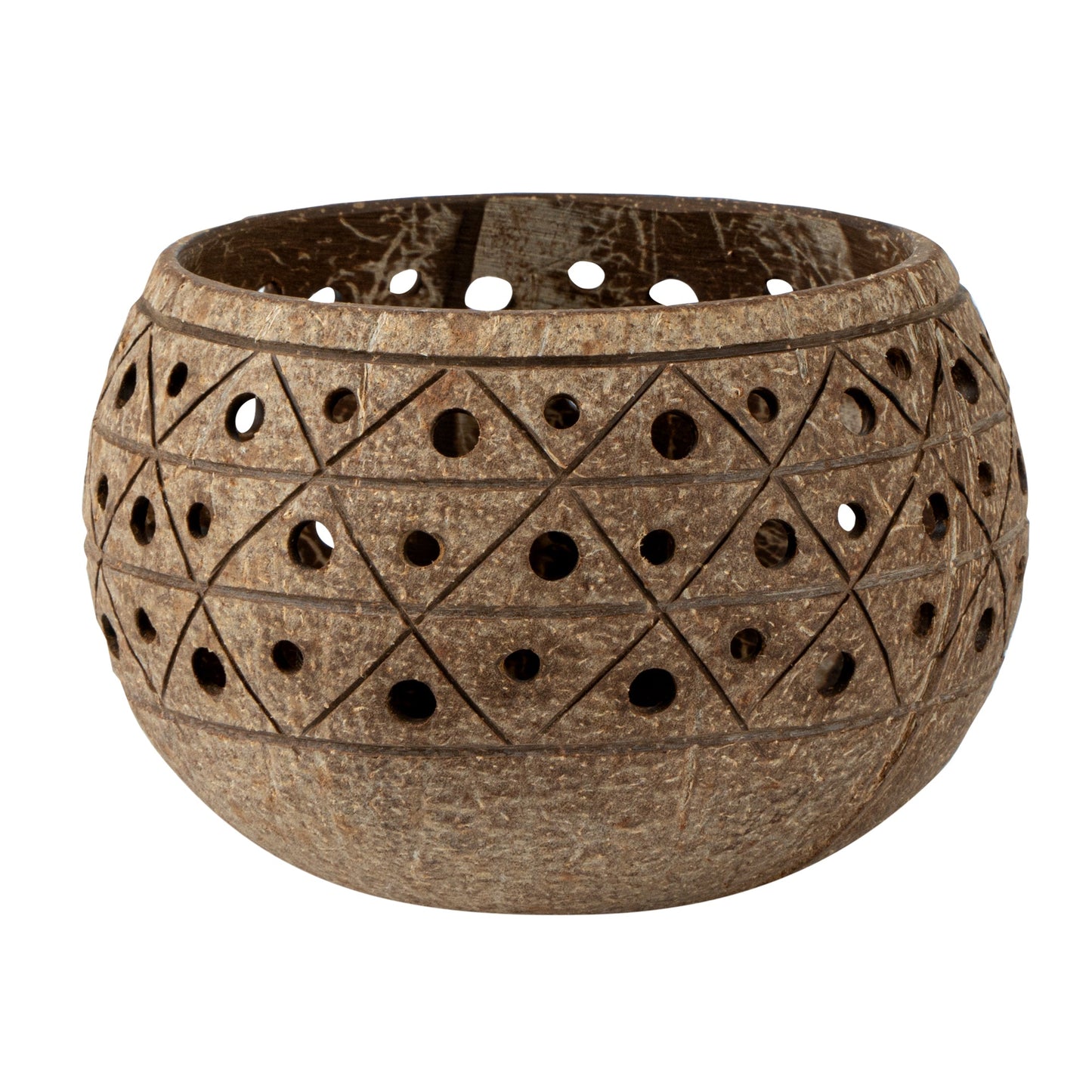 Coco Casa Tan Handmade Coconut Shell Candle Holder - Geometric Pattern - 4" x 4" x 3 1/4" - 10 count box