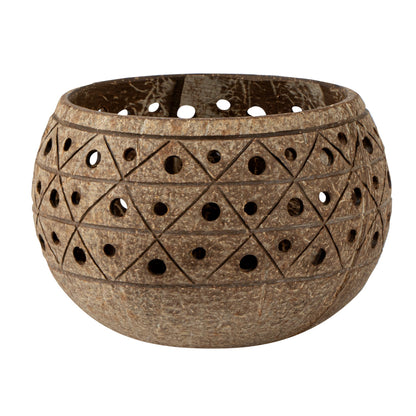 Coco Casa Tan Handmade Coconut Shell Candle Holder - Geometric Pattern - 4" x 4" x 3 1/4" - 10 count box