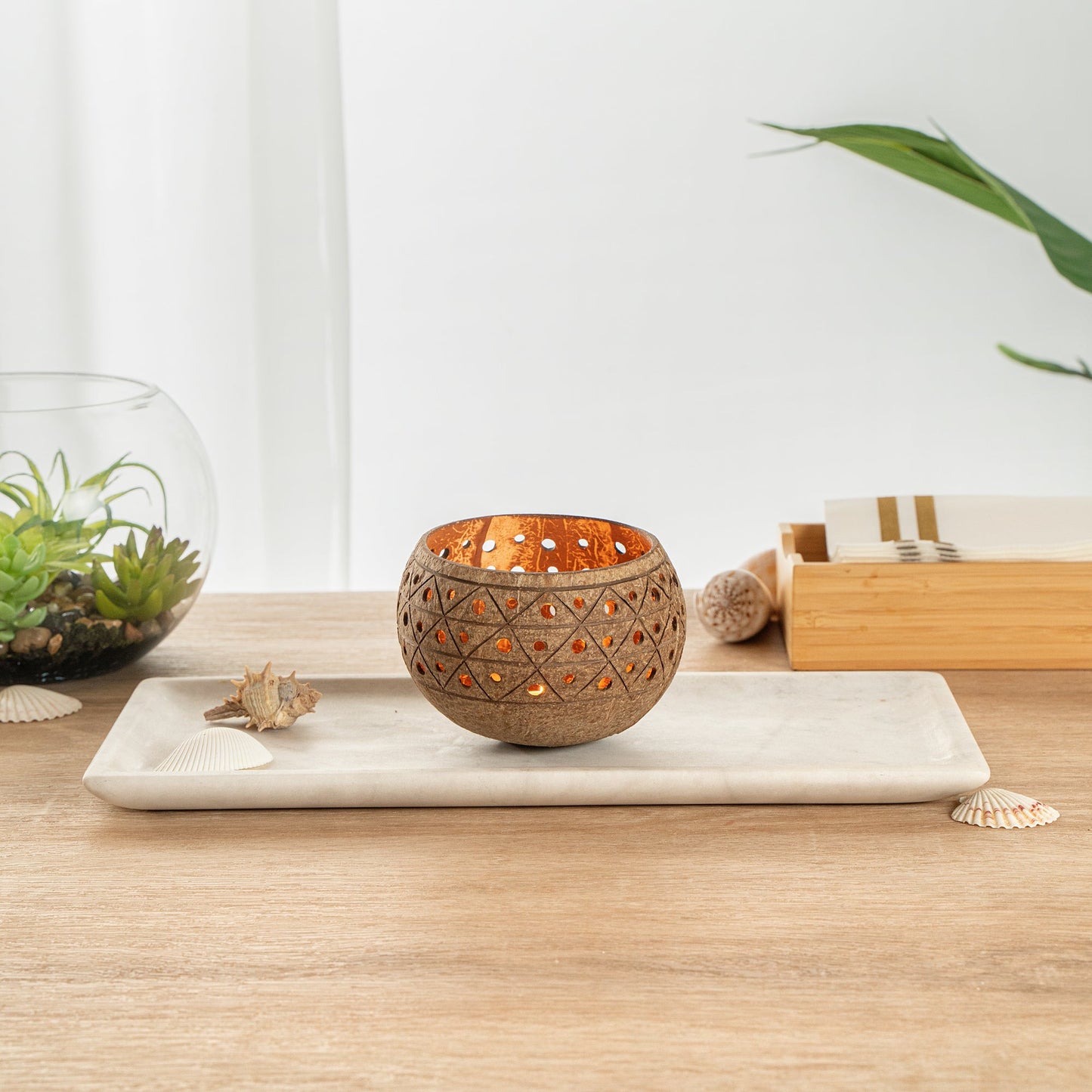 Coco Casa Tan Handmade Coconut Shell Candle Holder - Geometric Pattern - 4" x 4" x 3 1/4" - 10 count box