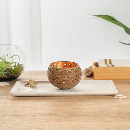 Coco Casa Tan Handmade Coconut Shell Candle Holder - Geometric Pattern - 4" x 4" x 3 1/4" - 10 count box