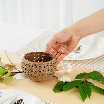 Coco Casa Tan Handmade Coconut Shell Candle Holder - Geometric Pattern - 4" x 4" x 3 1/4" - 10 count box