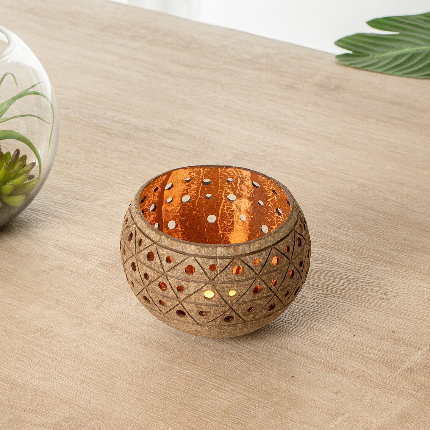 Coco Casa Tan Handmade Coconut Shell Candle Holder - Geometric Pattern - 4" x 4" x 3 1/4" - 10 count box