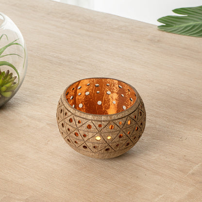 Coco Casa Tan Handmade Coconut Shell Candle Holder - Geometric Pattern - 4" x 4" x 3 1/4" - 10 count box