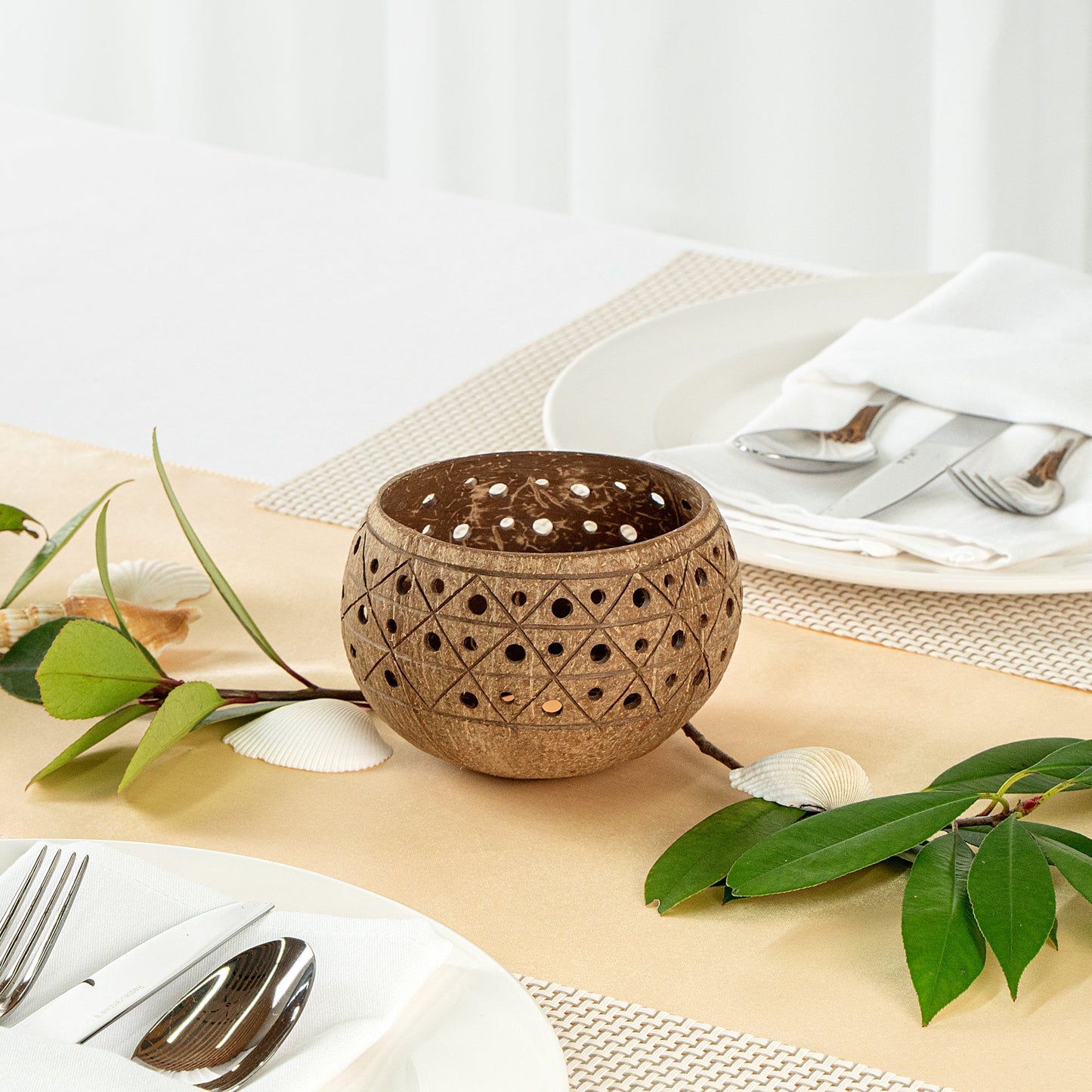 Coco Casa Tan Handmade Coconut Shell Candle Holder - Geometric Pattern - 4" x 4" x 3 1/4" - 10 count box