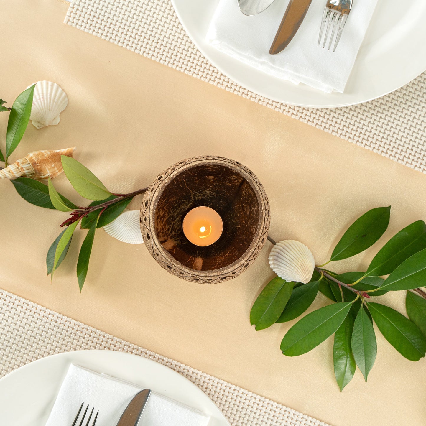 Coco Casa Tan Handmade Coconut Shell Candle Holder - Geometric Pattern - 4" x 4" x 3 1/4" - 10 count box