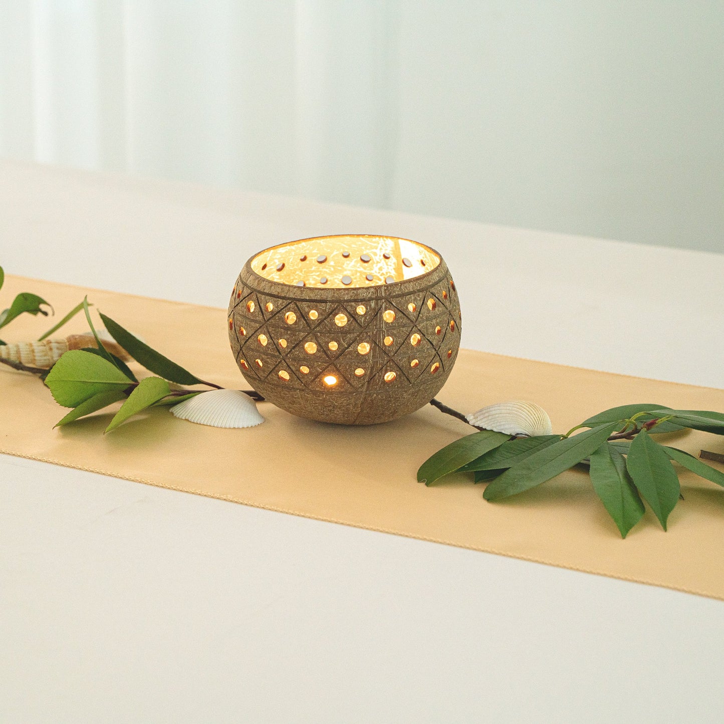 Coco Casa Tan Handmade Coconut Shell Candle Holder - Geometric Pattern - 4" x 4" x 3 1/4" - 10 count box