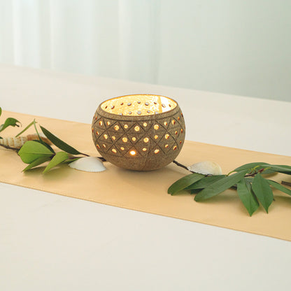 Coco Casa Tan Handmade Coconut Shell Candle Holder - Geometric Pattern - 4" x 4" x 3 1/4" - 10 count box