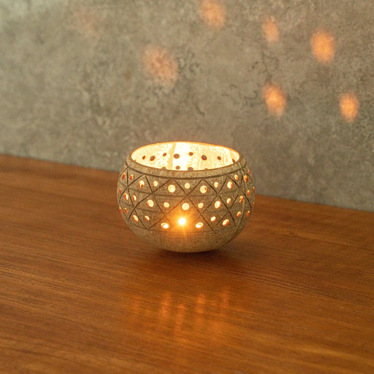 Coco Casa Tan Handmade Coconut Shell Candle Holder - Geometric Pattern - 4" x 4" x 3 1/4" - 10 count box