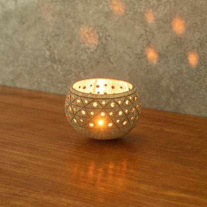 Coco Casa Tan Handmade Coconut Shell Candle Holder - Geometric Pattern - 4" x 4" x 3 1/4" - 10 count box
