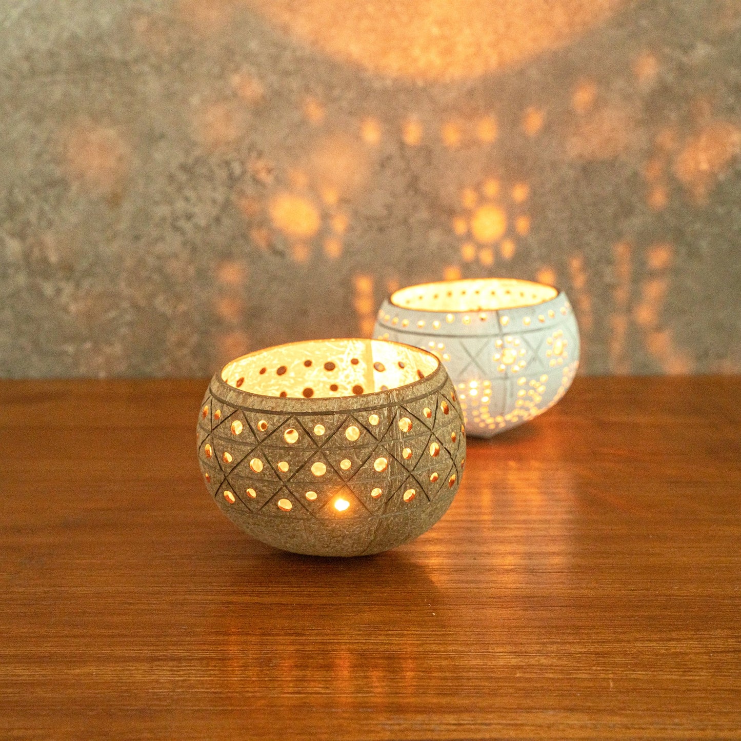 Coco Casa Tan Handmade Coconut Shell Candle Holder - Geometric Pattern - 4" x 4" x 3 1/4" - 10 count box