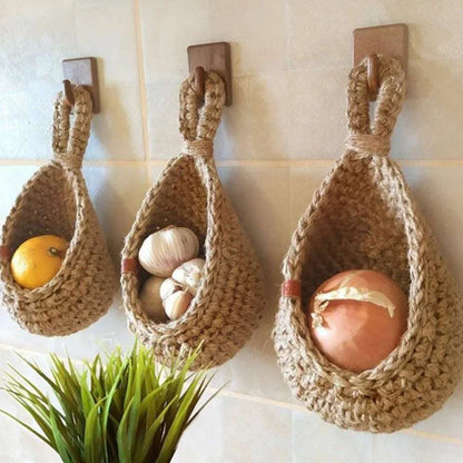 Handwoven Hanging Basket - Wall Vegetable Fruit Organizer, Kitchen Garden Decor, Plant Flower Onion Container