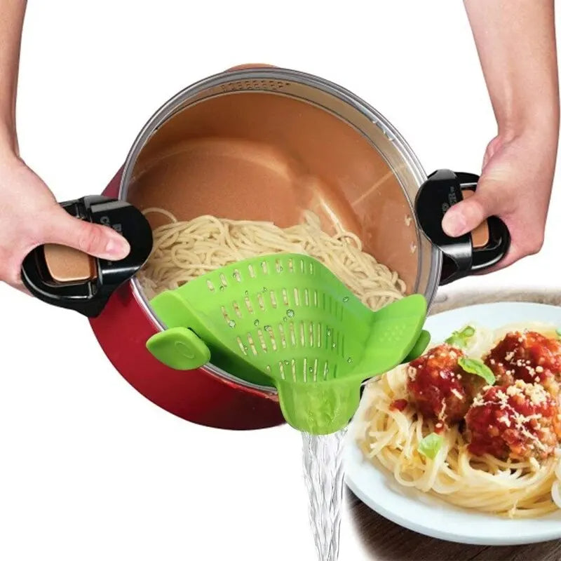 Silicone Clip-On Pot Strainer: Secure Grip, Easy One-Handed Draining for Pasta, Vegetables & More