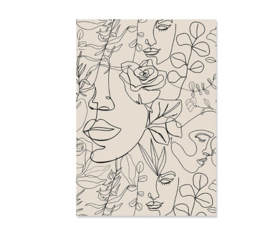 Boho Abstract Line Canvas Wall Art Print – Minimalist Face & Botanical Line Drawing