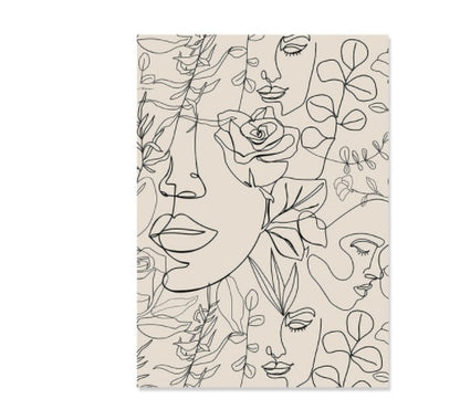 Boho Abstract Line Canvas Wall Art Print – Minimalist Face & Botanical Line Drawing