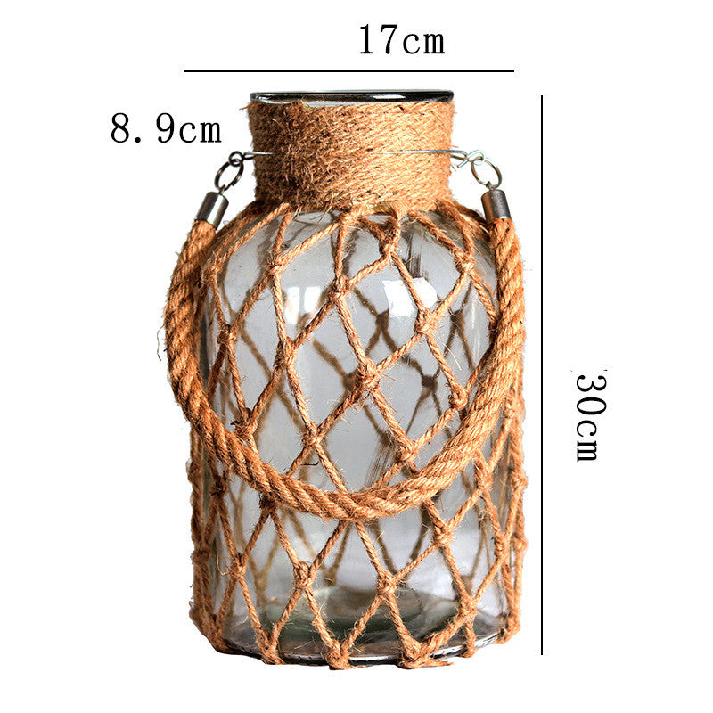 Handwoven Hemp Rope Glass Vase – Artisan Boho Decorative Flower Vase