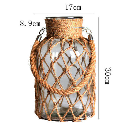 Handwoven Hemp Rope Glass Vase – Artisan Boho Decorative Flower Vase