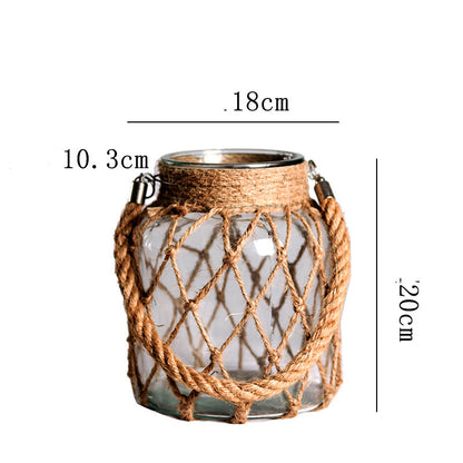 Handwoven Hemp Rope Glass Vase – Artisan Boho Decorative Flower Vase