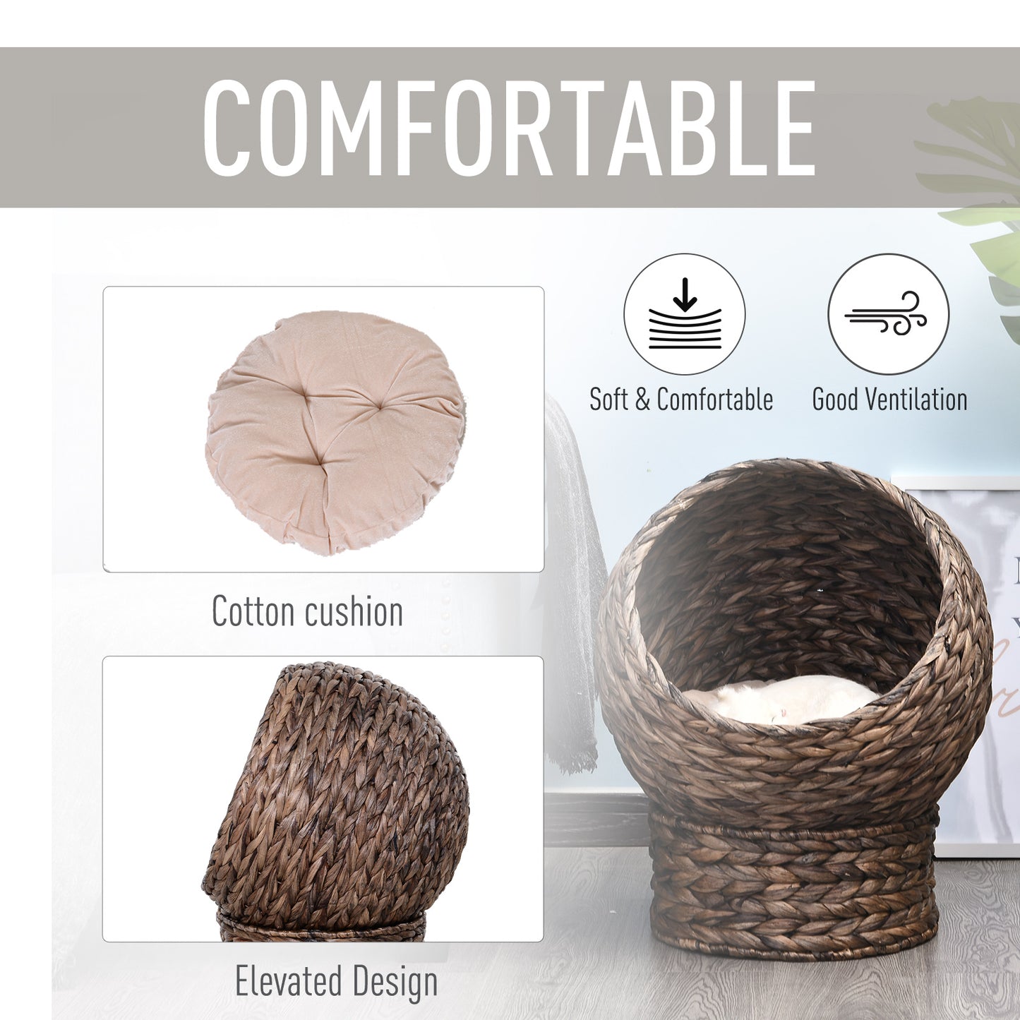 Elevated Wicker Kitten Nest with Plush Cushion