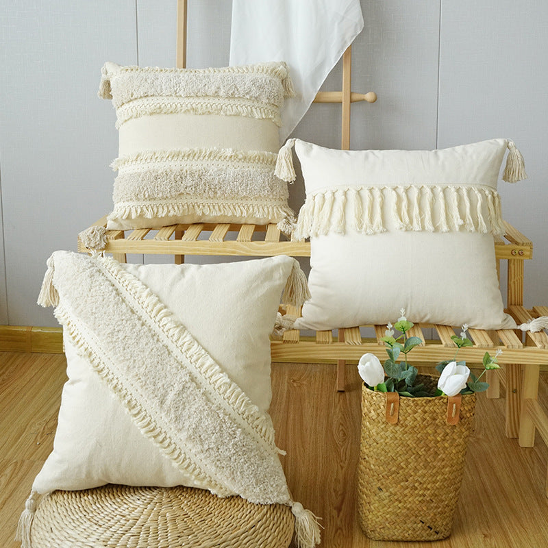 Artisan Tufted Boho Canvas Pillow Cover with Tassels