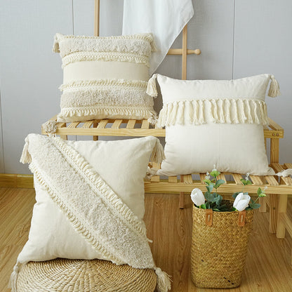 Artisan Tufted Boho Canvas Pillow Cover with Tassels
