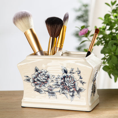 Floral Ceramic Toothbrush Holder – Minimalist Bathroom Organizer & Vanity Storage