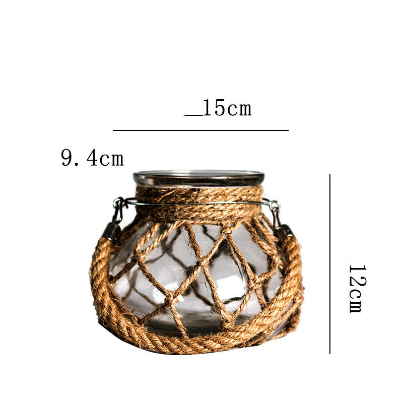 Handwoven Hemp Rope Glass Vase – Artisan Boho Decorative Flower Vase