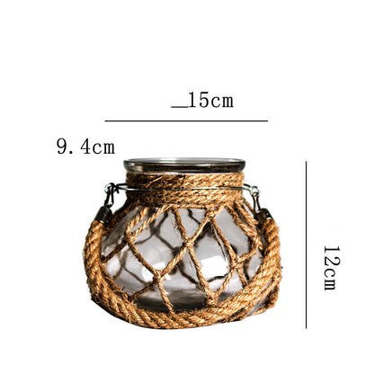 Handwoven Hemp Rope Glass Vase – Artisan Boho Decorative Flower Vase
