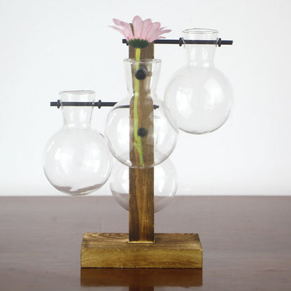 Wooden Frame Glass Propagation Vase – 4 Globe Tabletop Planter