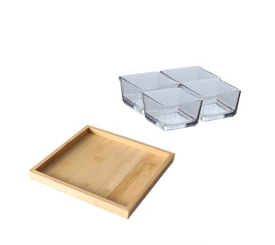Bamboo Divided Serving Tray with Glass Bowls – Modular Snack & Appetizer Organizer