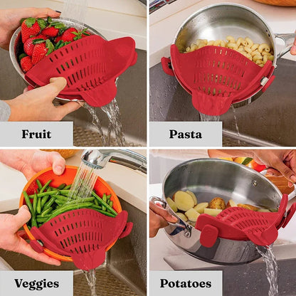 Silicone Clip-On Pot Strainer: Secure Grip, Easy One-Handed Draining for Pasta, Vegetables & More