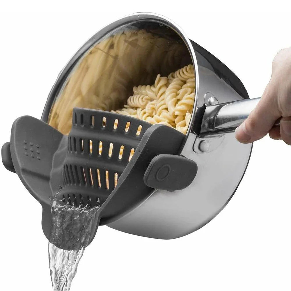 Silicone Clip-On Pot Strainer: Secure Grip, Easy One-Handed Draining for Pasta, Vegetables & More