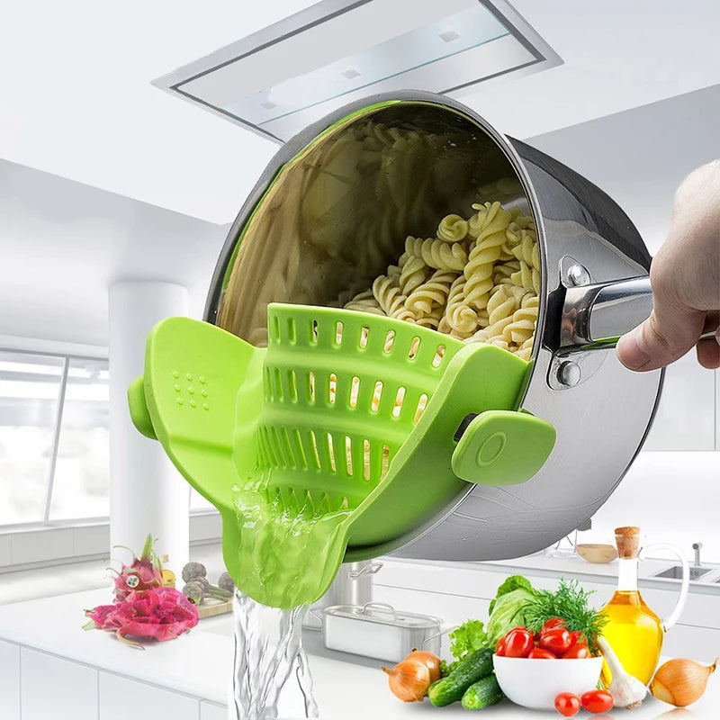 Silicone Clip-On Pot Strainer: Secure Grip, Easy One-Handed Draining for Pasta, Vegetables & More