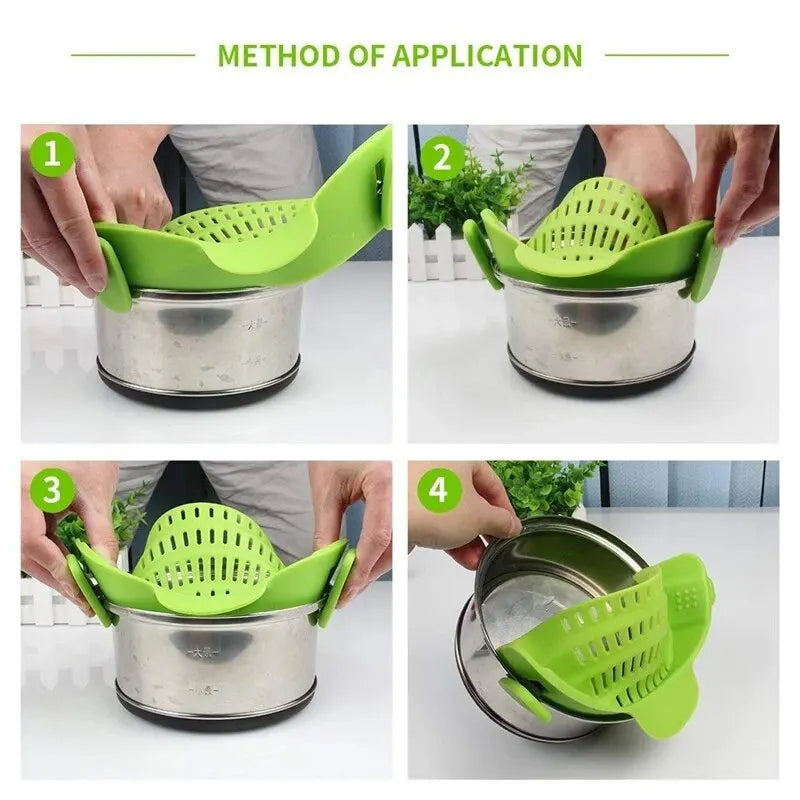 Silicone Clip-On Pot Strainer: Secure Grip, Easy One-Handed Draining for Pasta, Vegetables & More