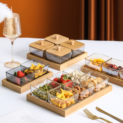 Bamboo Divided Serving Tray with Glass Bowls – Modular Snack & Appetizer Organizer